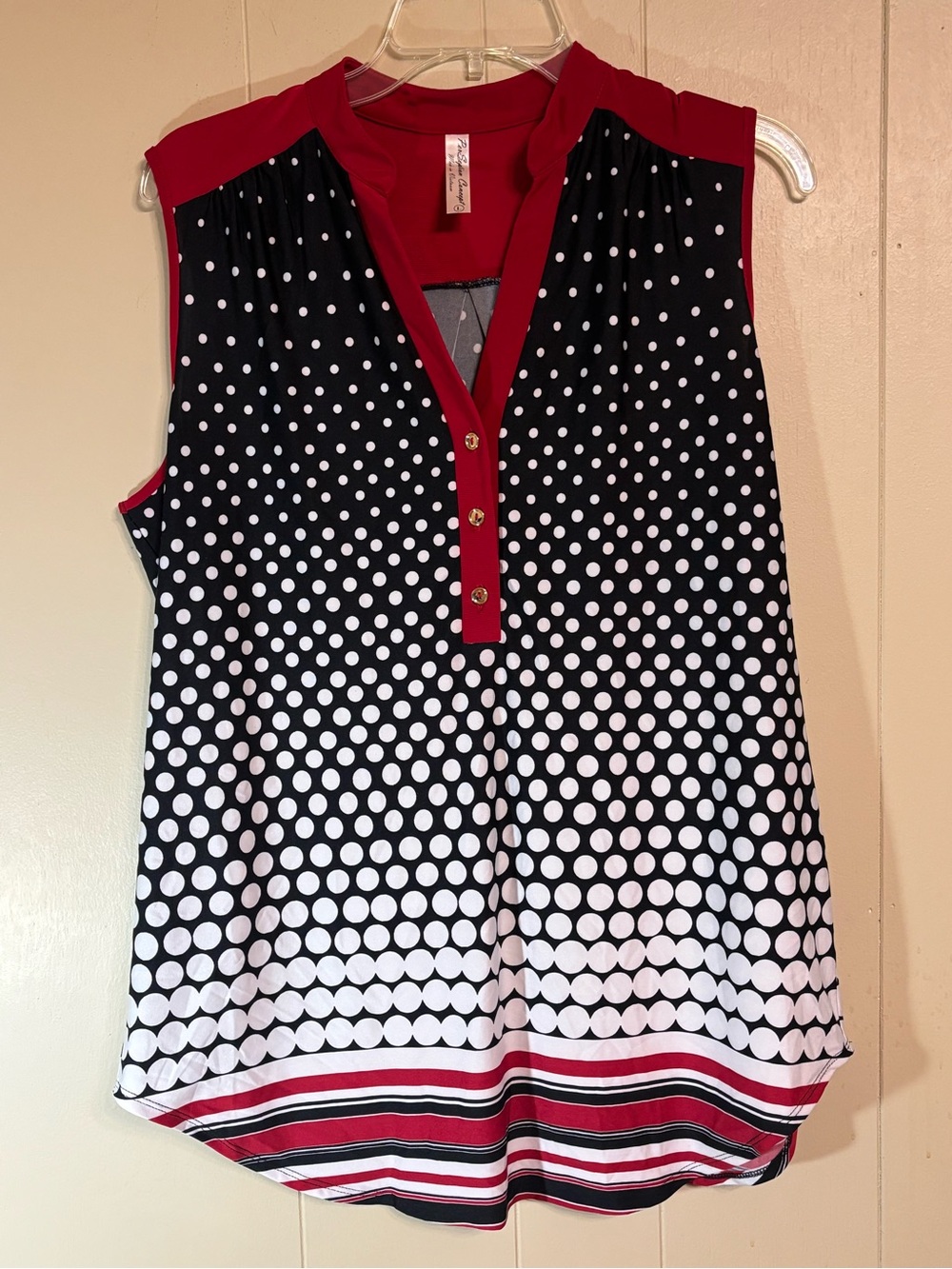 PerSeption Concept Black & White Polka Dot Sleeveless Top with Red Trim